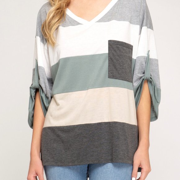 She and Sky Tops - SOLD She + Sky 3/4 Roll Up Sleeve Grey Slate Pocket Top